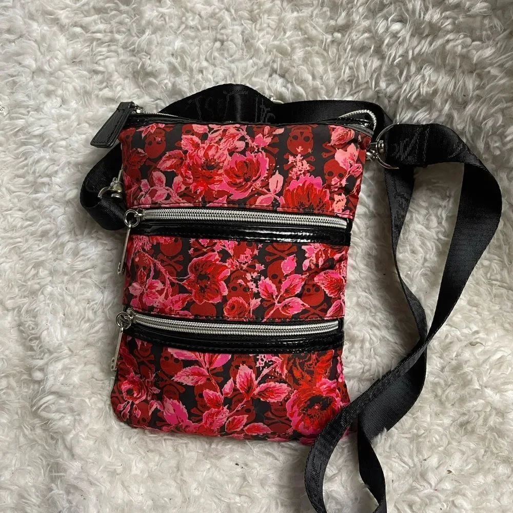 Betsey Johnson Nylon pink ,Red Flowers & skulls Small crossbody bag black trims